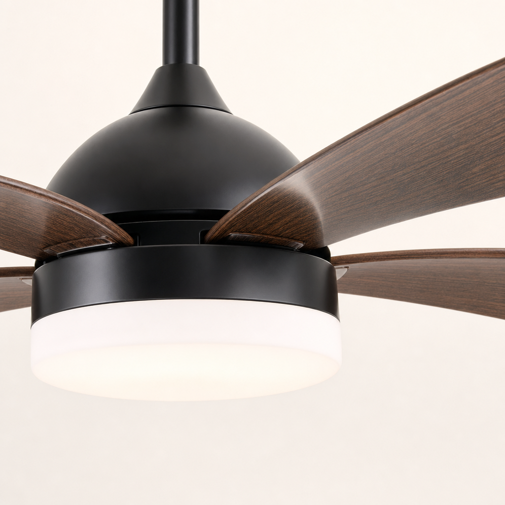 W&F Collection | Black and Dark Wood-Look Ceiling Fan with Light