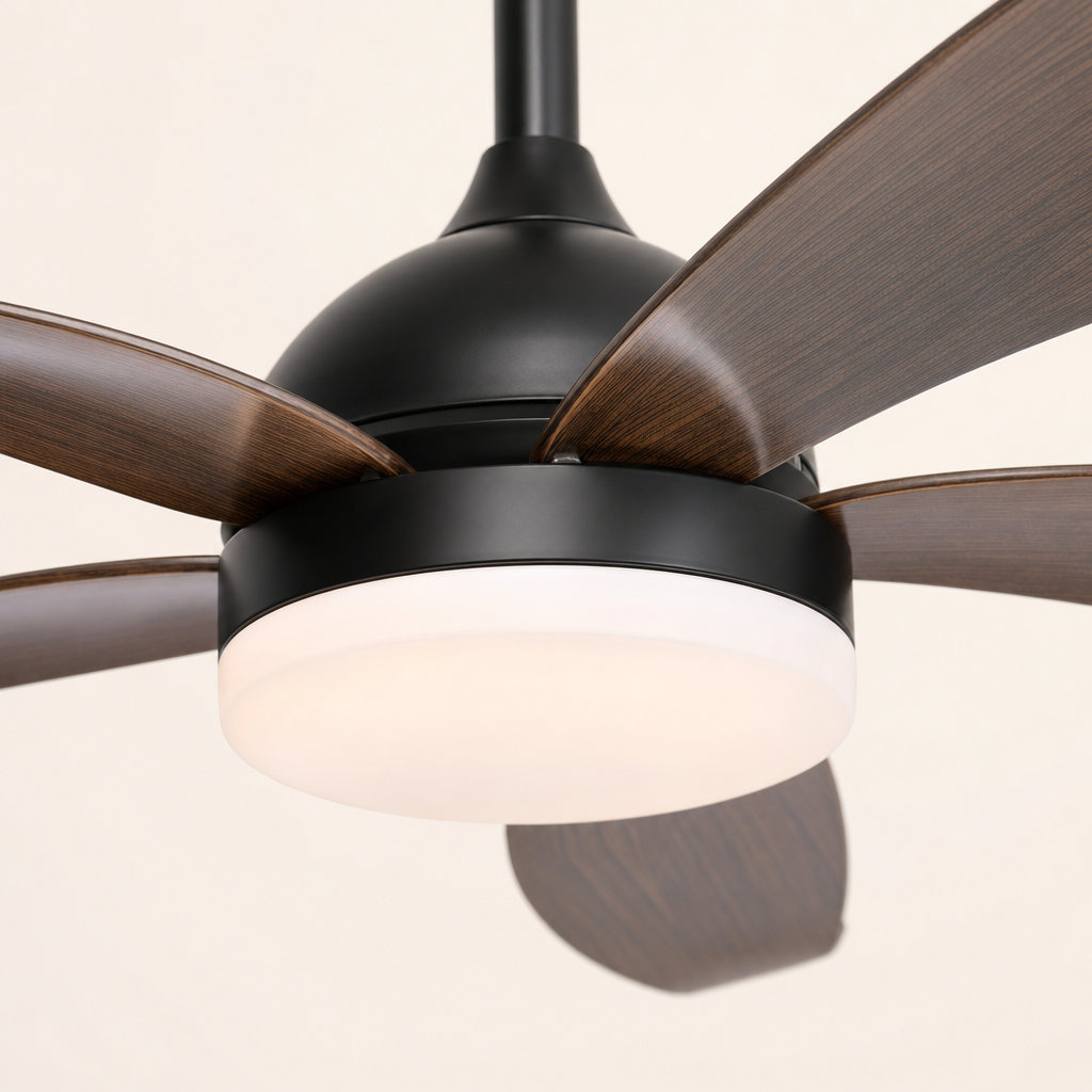 W&F Collection | Black and Dark Wood-Look Ceiling Fan with Light
