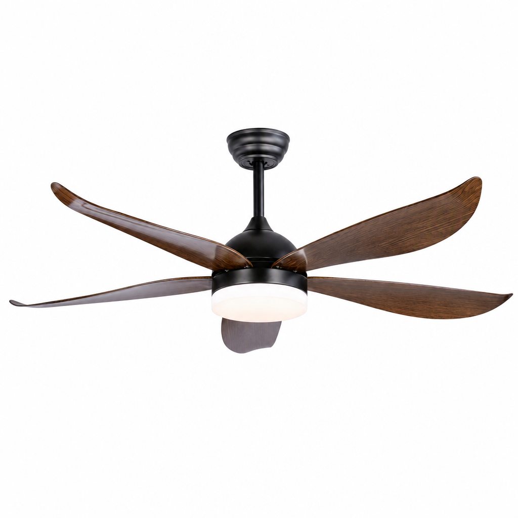 W&F Collection | Black and Dark Wood-Look Ceiling Fan with Light