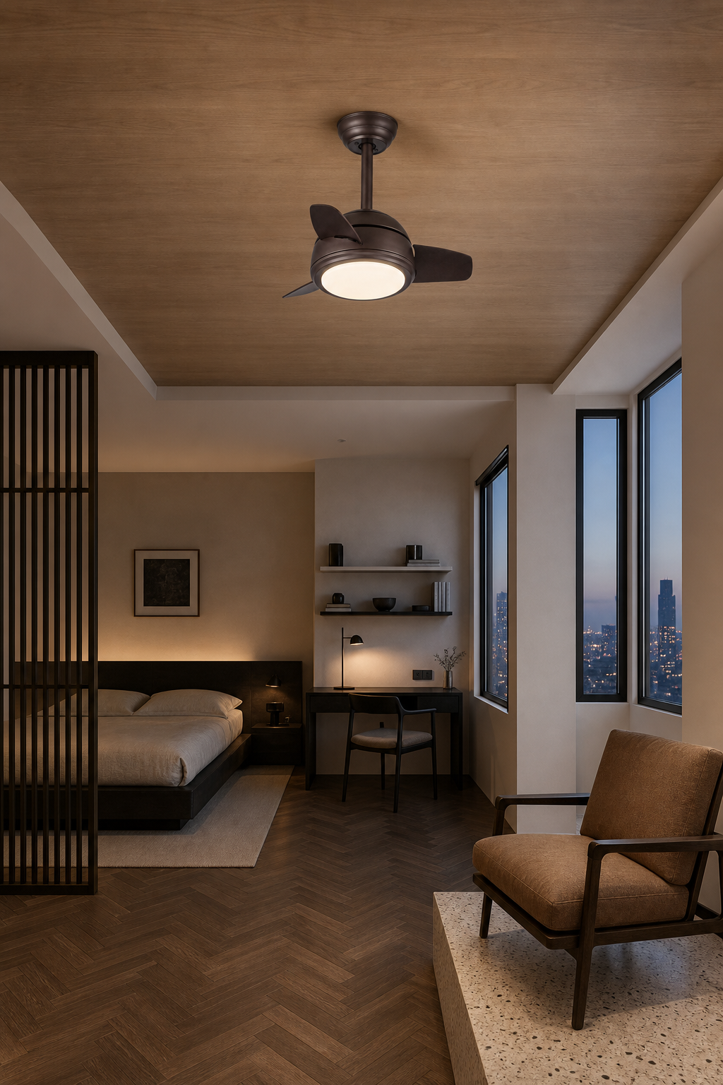 W&F Collection | Brown Compact Ceiling Fan with Light