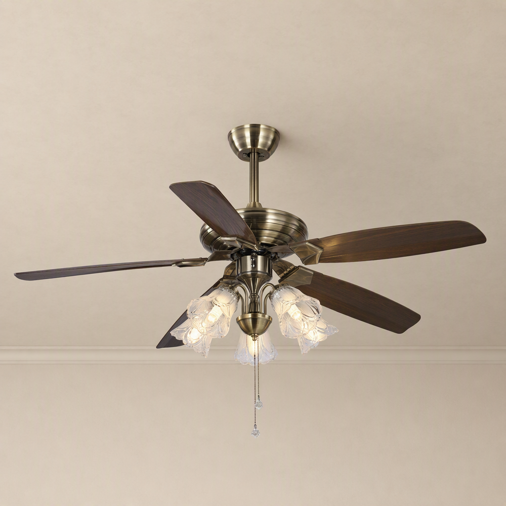 W&F Collection | Antique Brass Pull-Chain Ceiling Fan with Five Lights