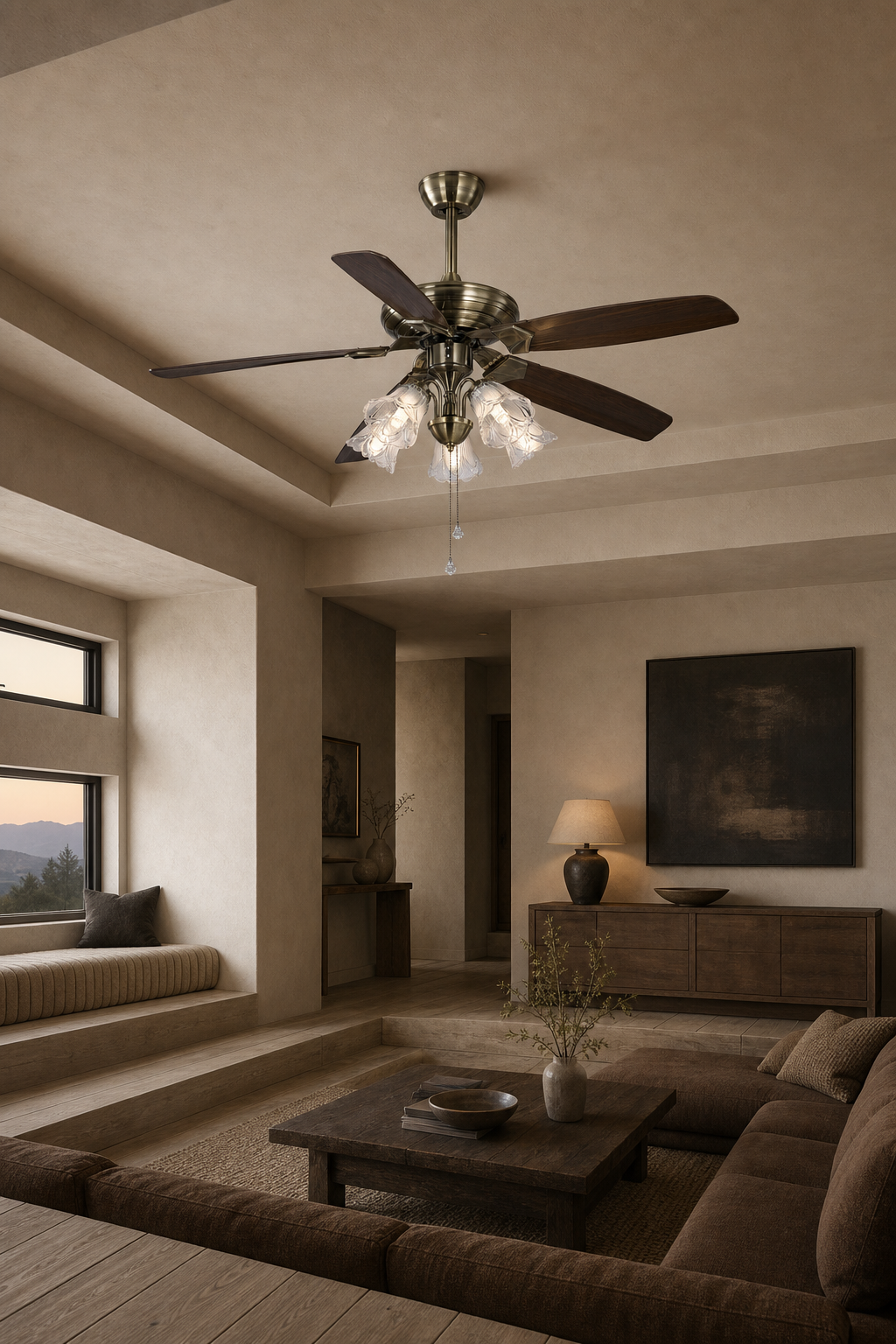 W&F Collection | Antique Brass Pull-Chain Ceiling Fan with Five Lights