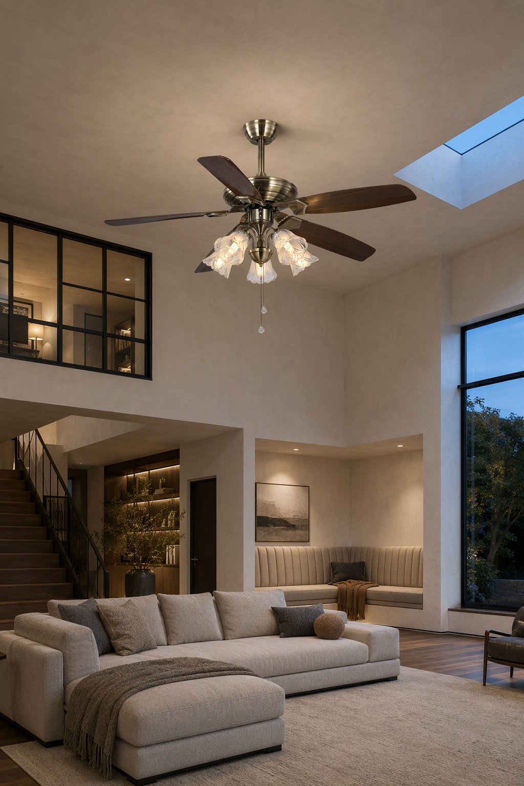 W&F Collection | Antique Brass Pull-Chain Ceiling Fan with Five Lights