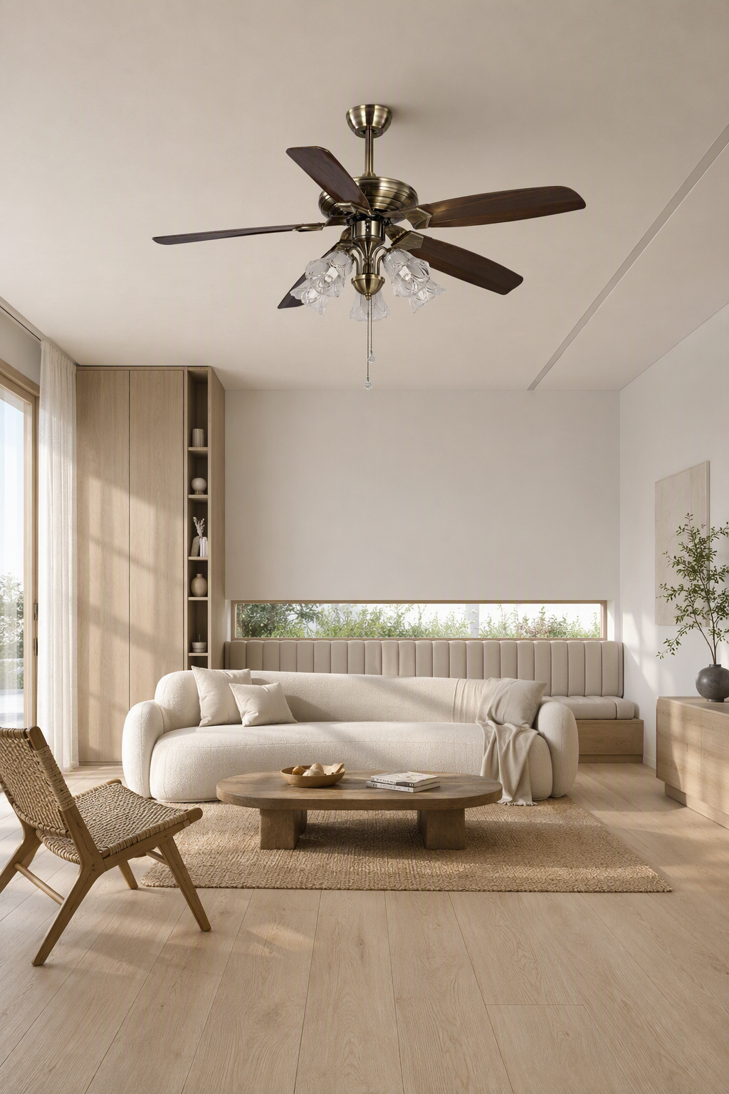 W&F Collection | Antique Brass Pull-Chain Ceiling Fan with Five Lights