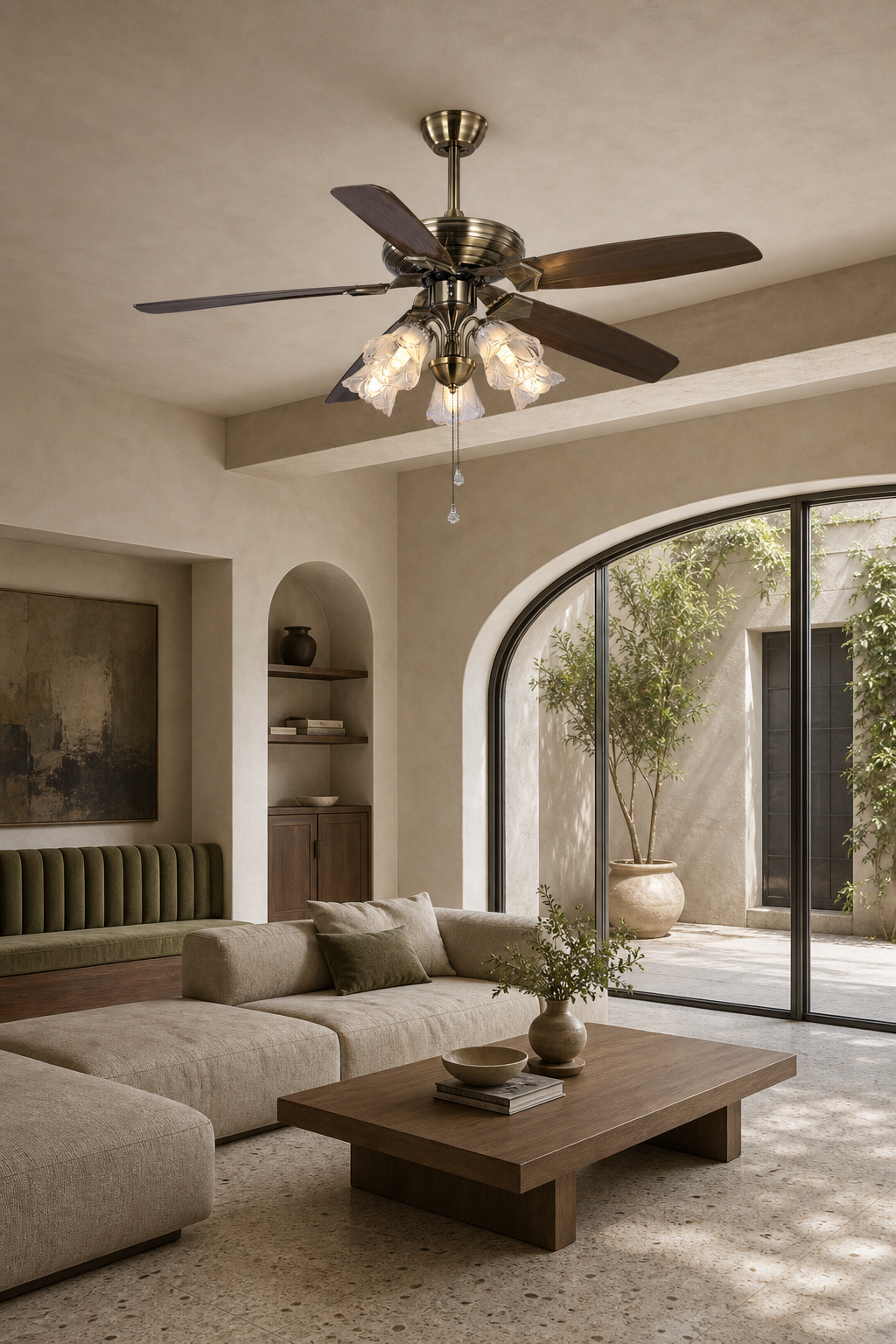 W&F Collection | Antique Brass Pull-Chain Ceiling Fan with Five Lights