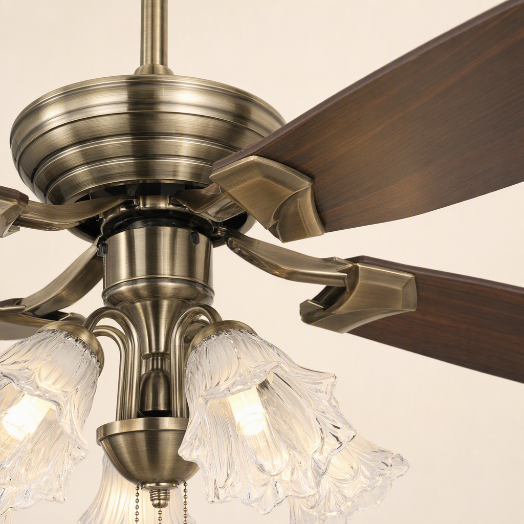 W&F Collection | Antique Brass Pull-Chain Ceiling Fan with Five Lights