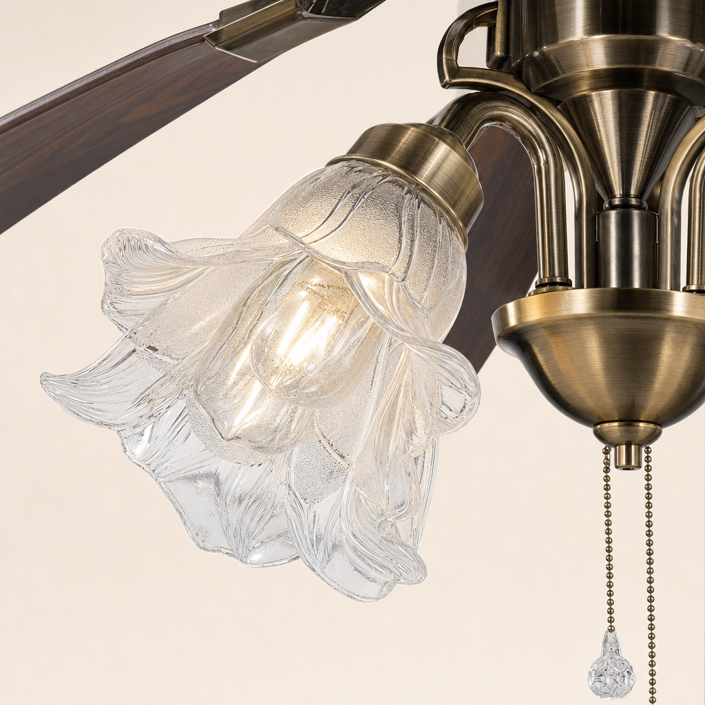 W&F Collection | Antique Brass Pull-Chain Ceiling Fan with Five Lights