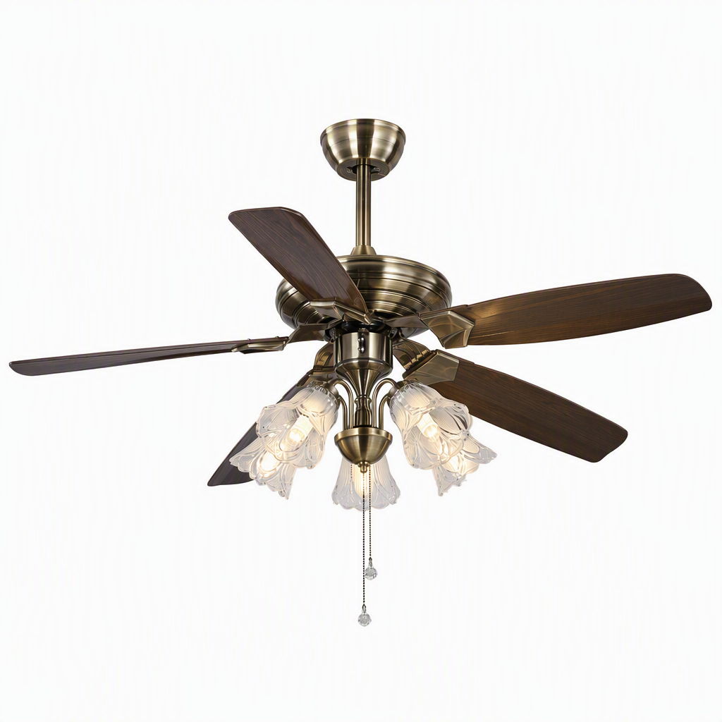 W&F Collection | Antique Brass Pull-Chain Ceiling Fan with Five Lights