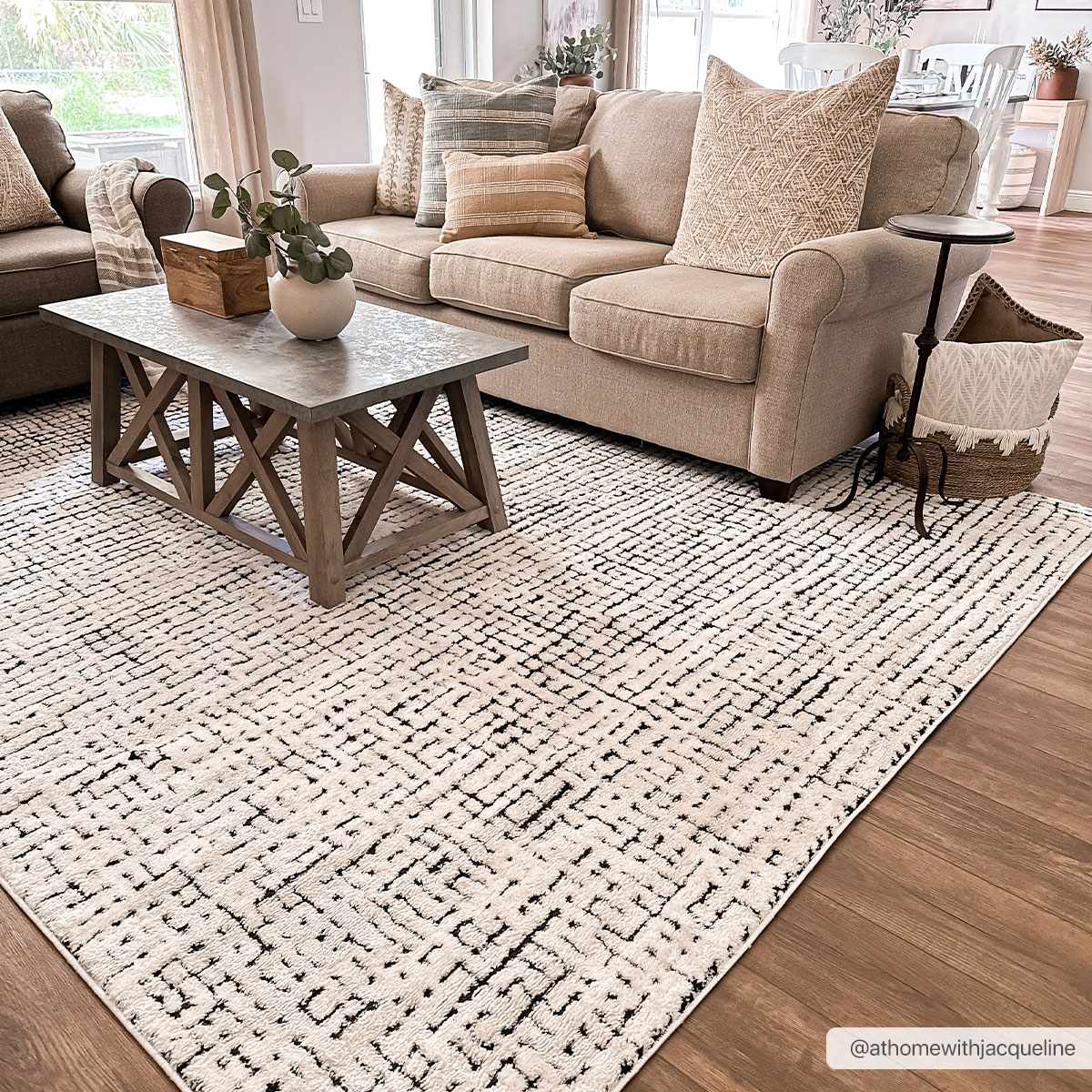 W&F Collection | Keita Cream & Black Grid Plush Rug