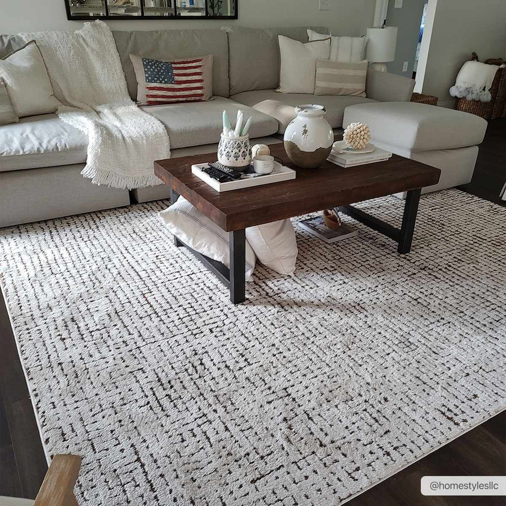 W&F Collection | Keita Cream & Black Grid Plush Rug