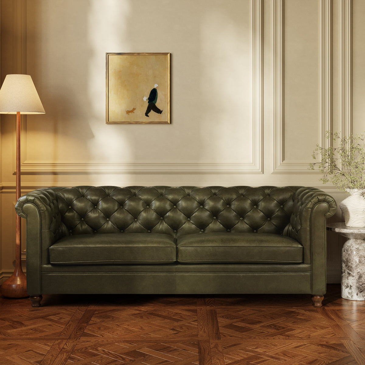 W&F Collection | Lyon 87.4" Leather Sofa (Olivine Green)