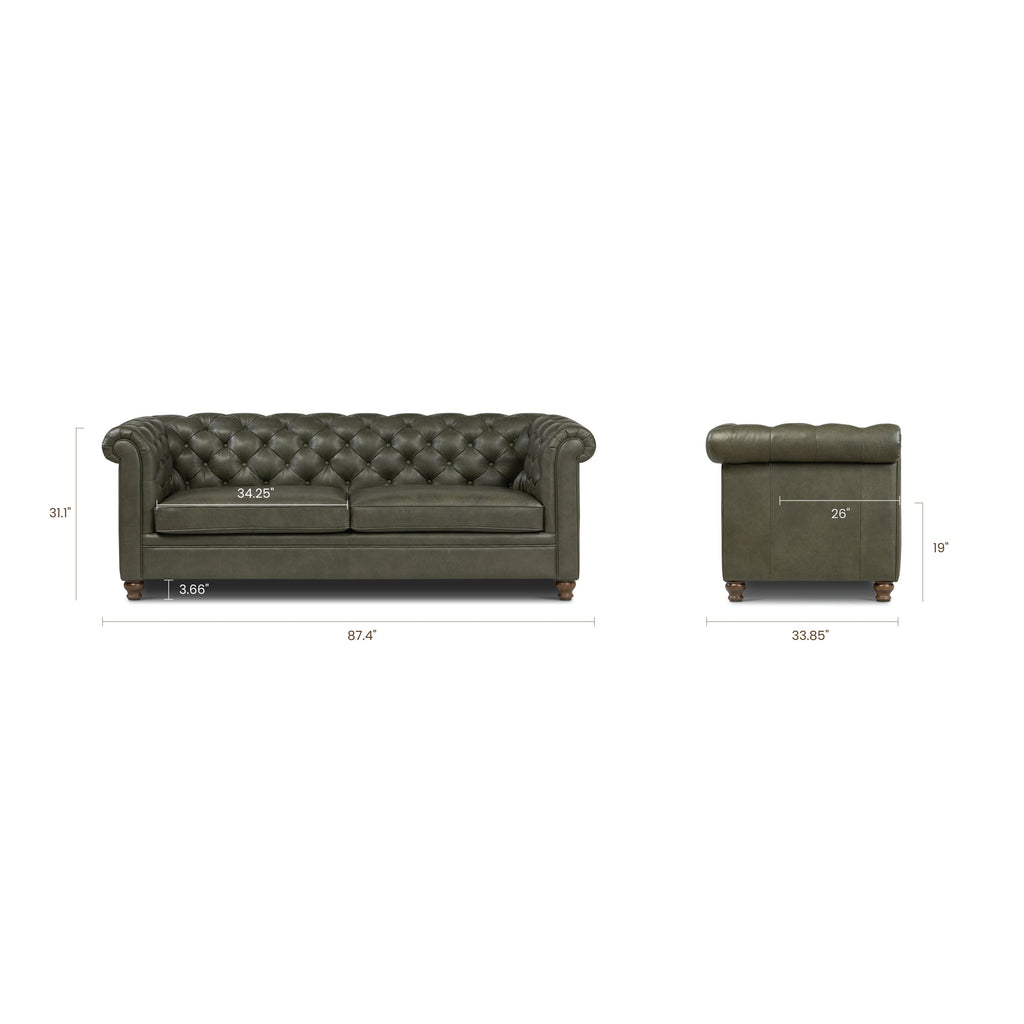 W&F Collection | Lyon 87.4" Leather Sofa (Olivine Green)