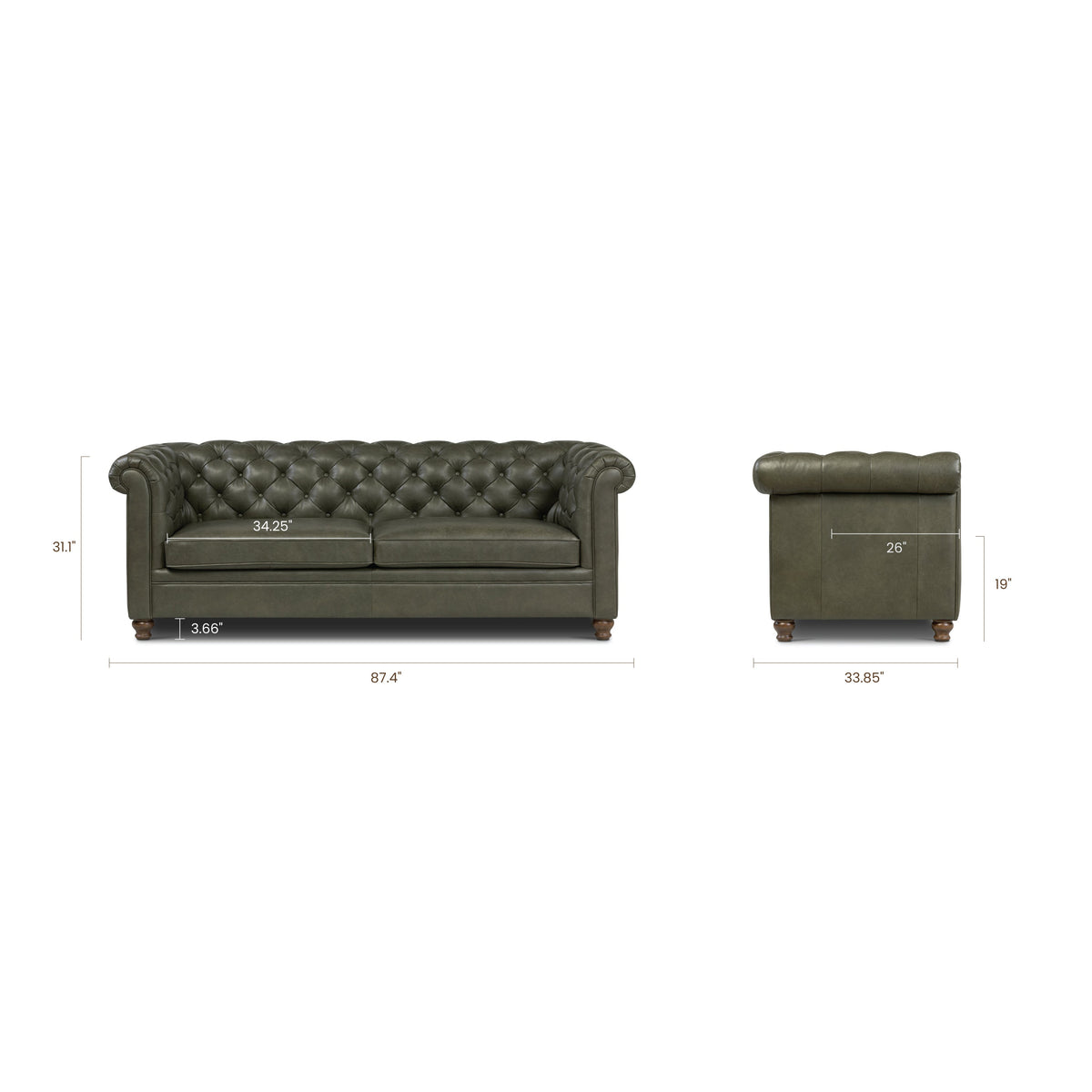 W&F Collection | Lyon 87.4" Leather Sofa (Olivine Green)
