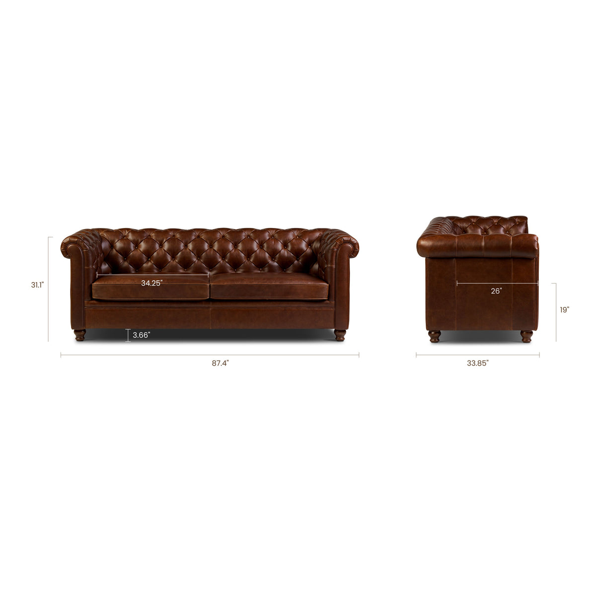 W&F Collection | Lyon 87.4" Leather Sofa (Oscuro Brown)