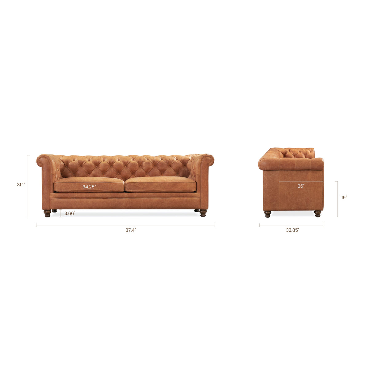 W&F Collection | Lyon 87.4" Leather Sofa (Cognac Tan)