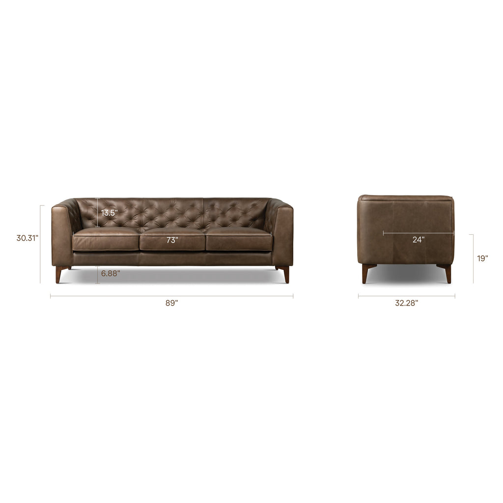 W&F Collection | Essex 89" Leather Sofa (Cocoa Brown)