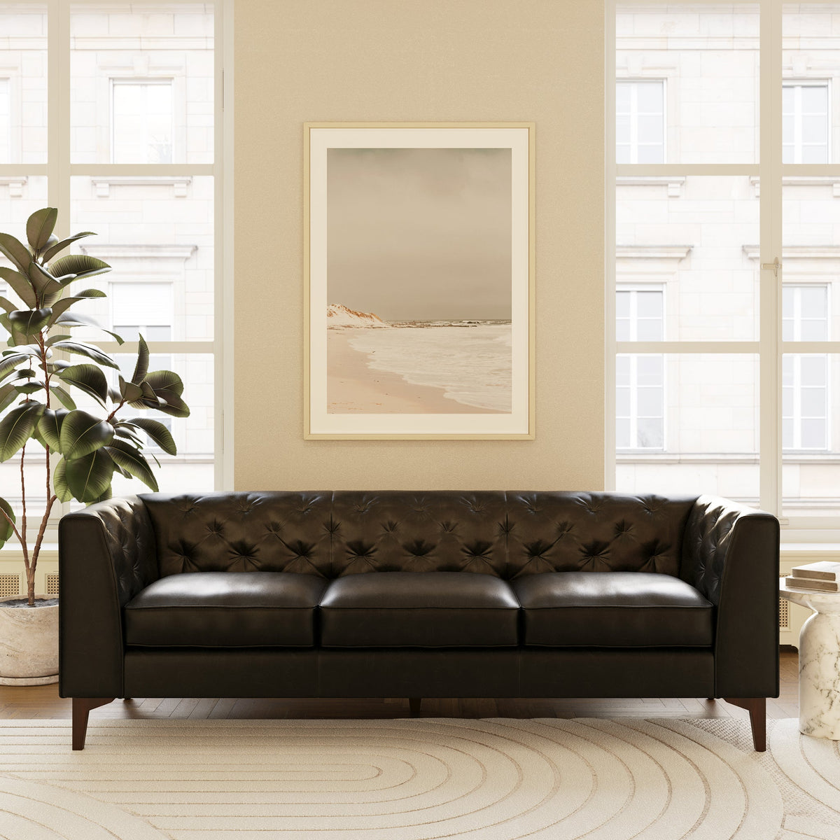 W&F Collection | Essex 89" Leather Sofa (Onyx Black)