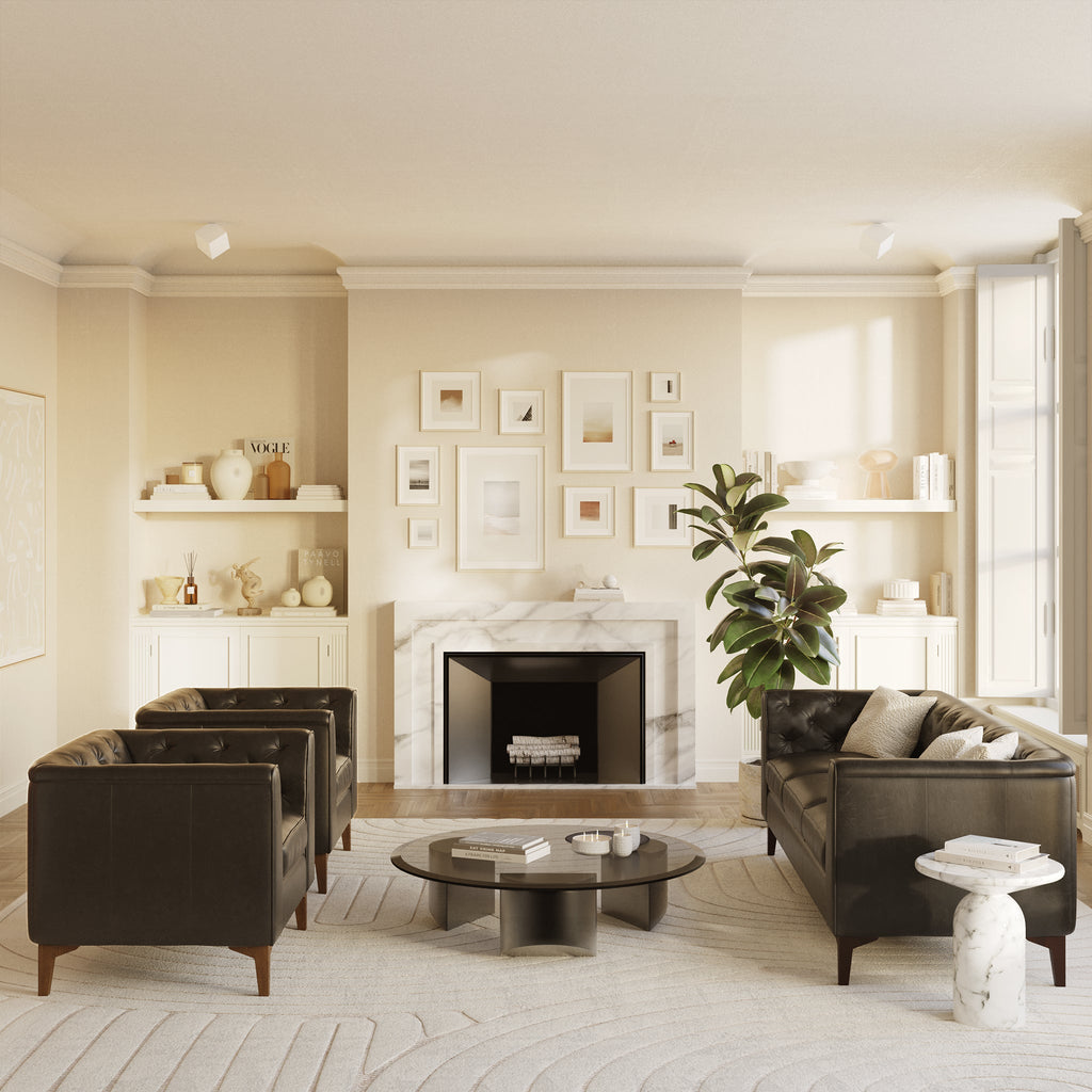 W&F Collection | Essex 89" Leather Sofa (Onyx Black)