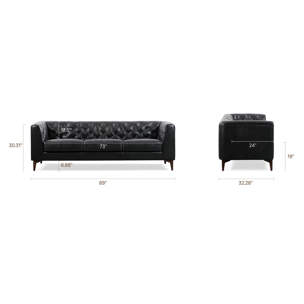 W&F Collection | Essex 89" Leather Sofa (Onyx Black)