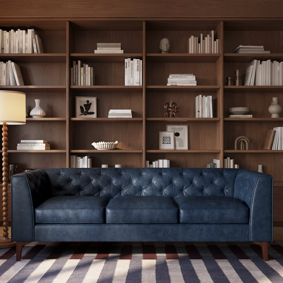 W&F Collection | Essex 89" Leather Sofa (Midnight Blue)