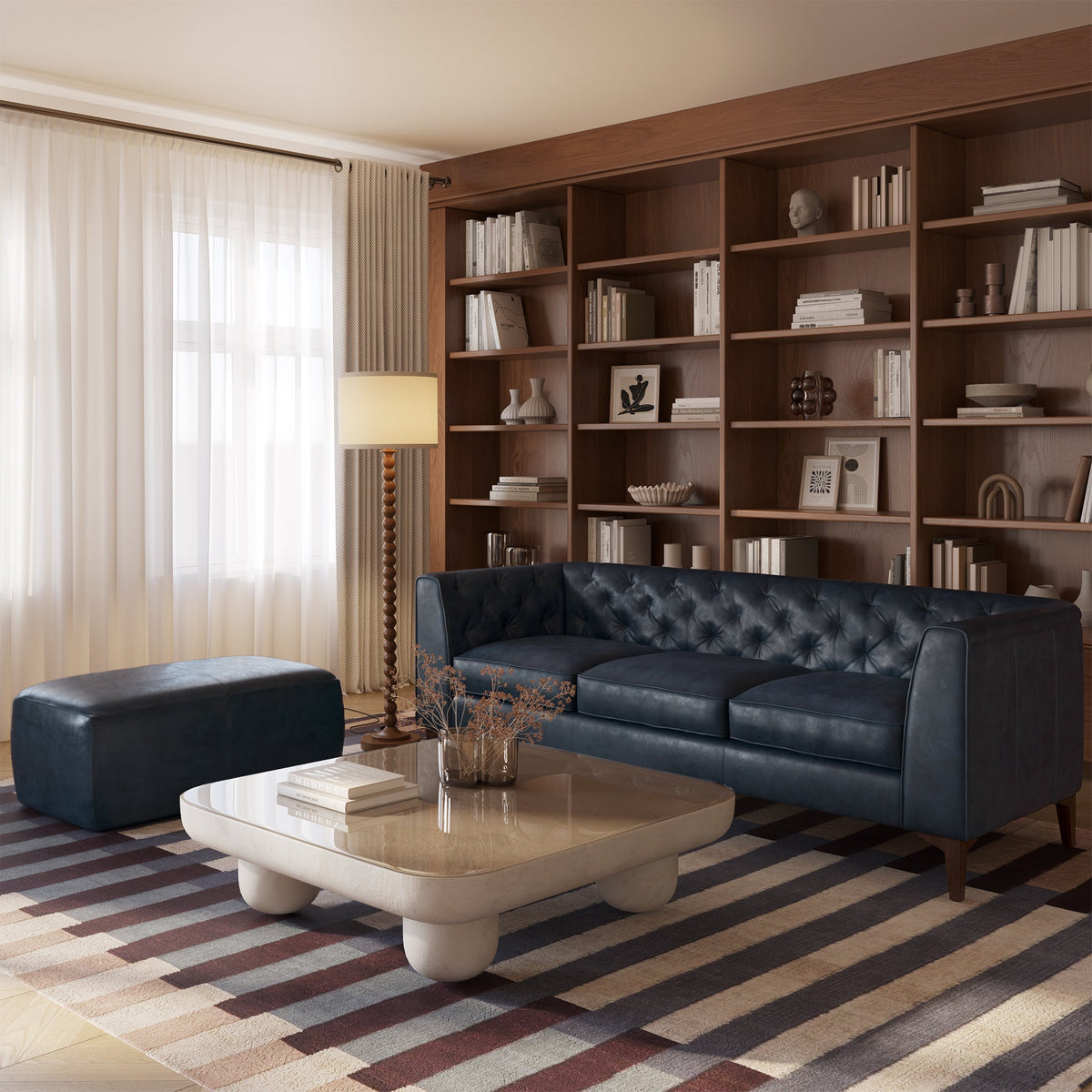 W&F Collection | Essex 89" Leather Sofa (Midnight Blue)