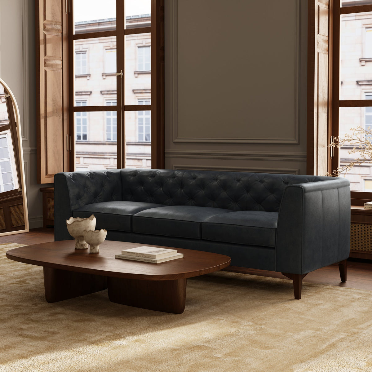W&F Collection | Essex 89" Leather Sofa (Deepsky Blue)