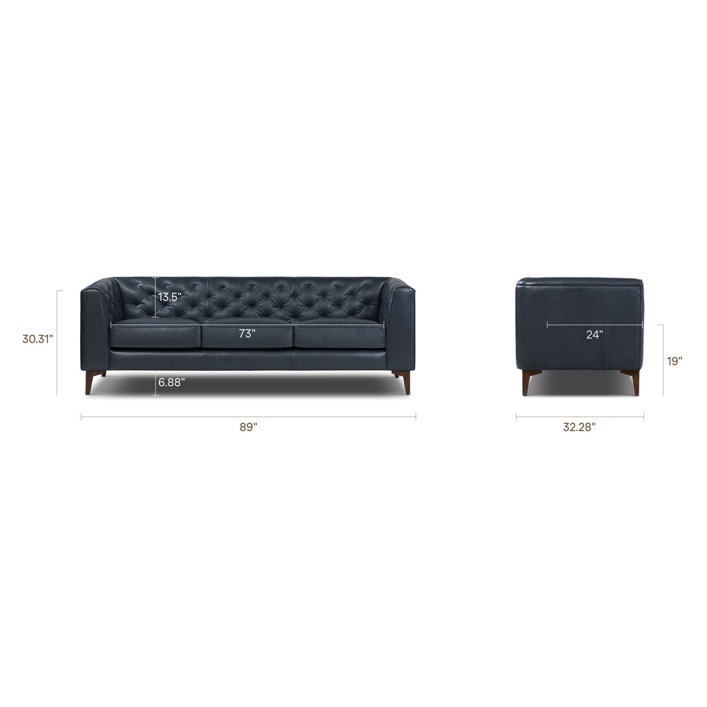 W&F Collection | Essex 89" Leather Sofa (Deepsky Blue)