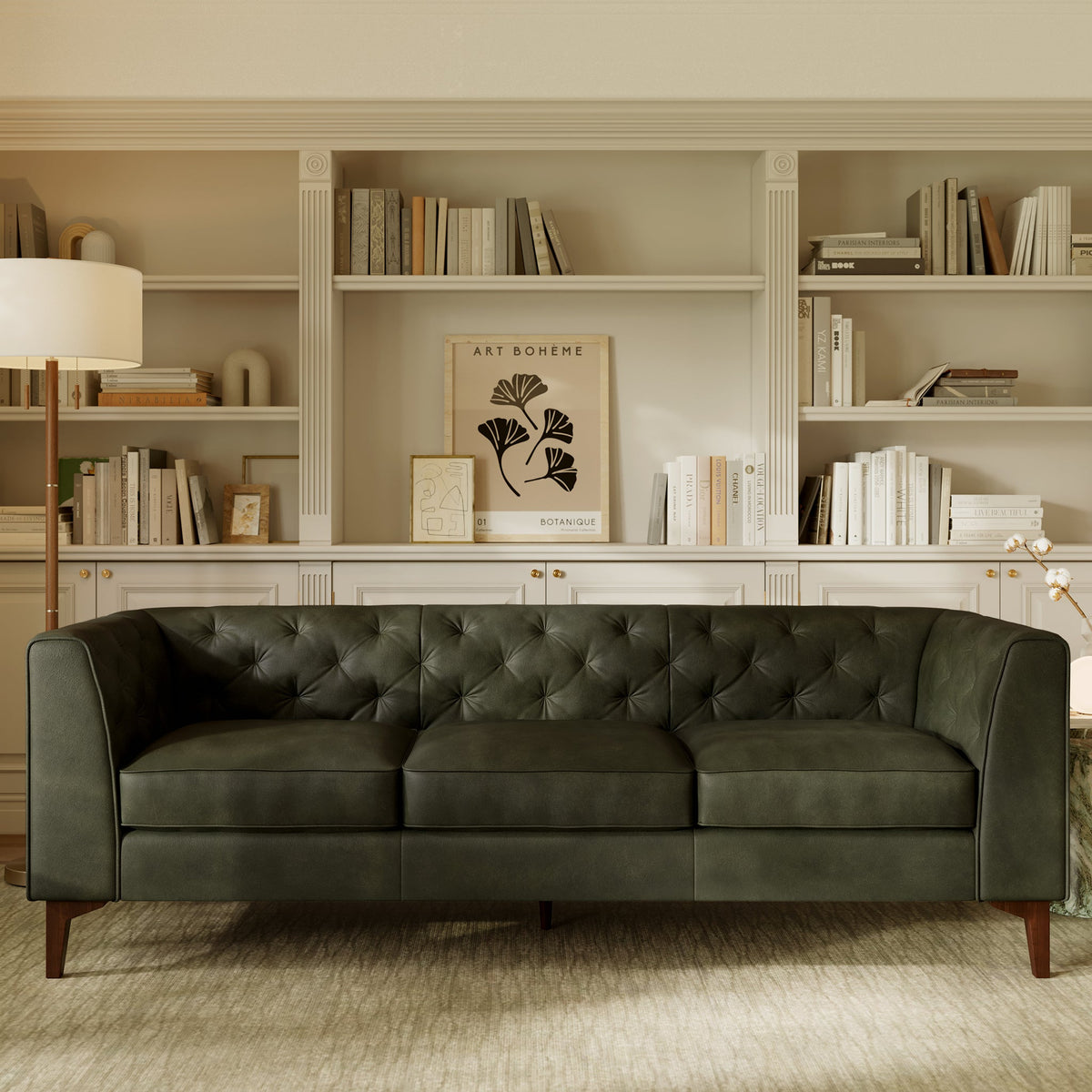 W&F Collection | Essex 89" Leather Sofa (Olivine Green)