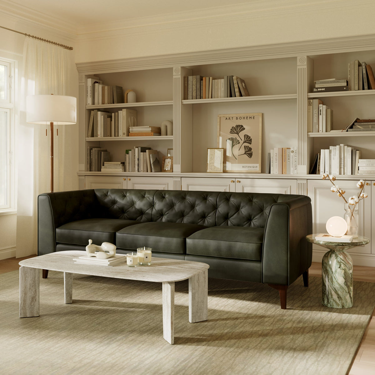 W&F Collection | Essex 89" Leather Sofa (Olivine Green)