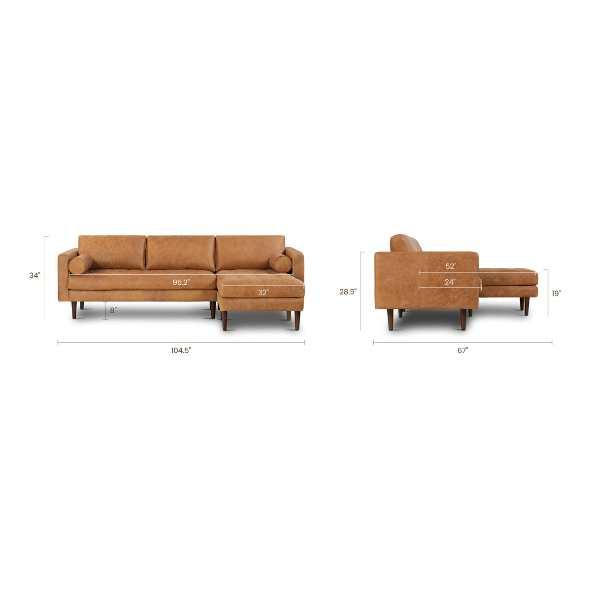 W&F Collection | Napa 104.5" Leather Right-Facing Sectional Sofa (Cognac Tan)