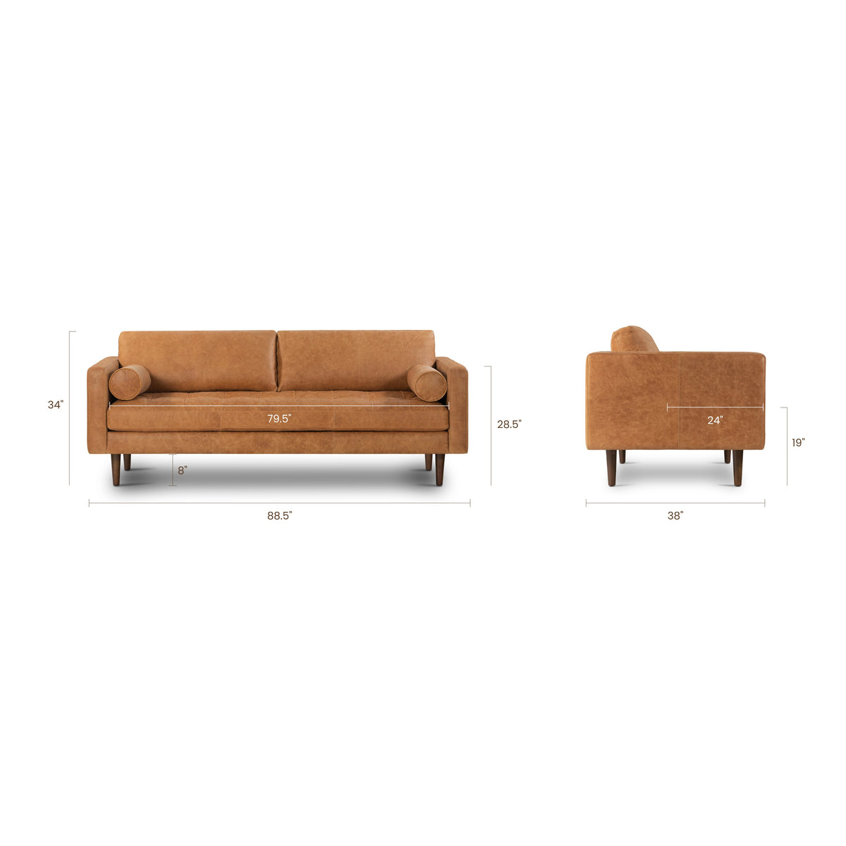W&F Collection | Napa 88.5” Leather Sofa (Cognac Tan)
