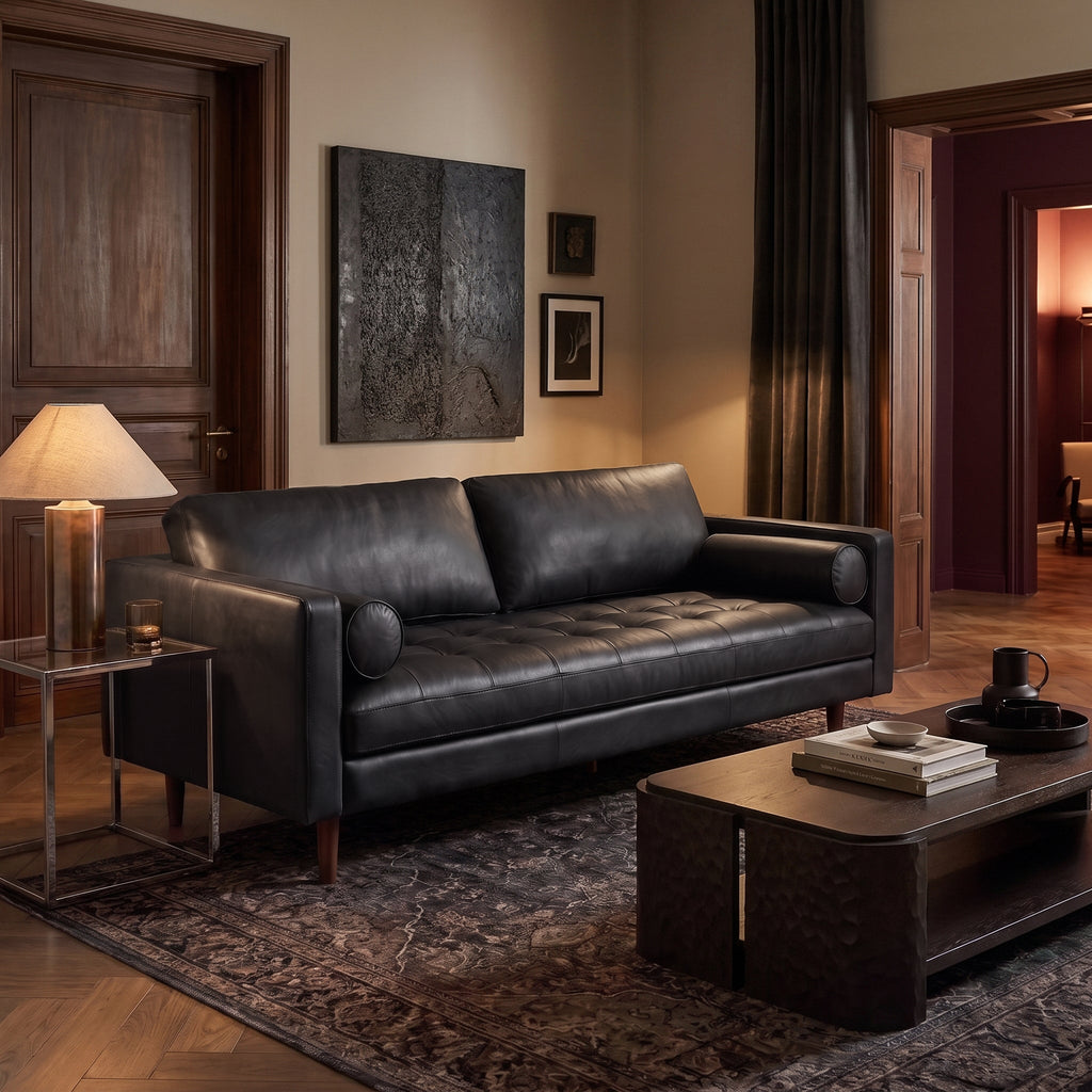 W&F Collection | Napa 88.5” Leather Sofa (Onyx Black)