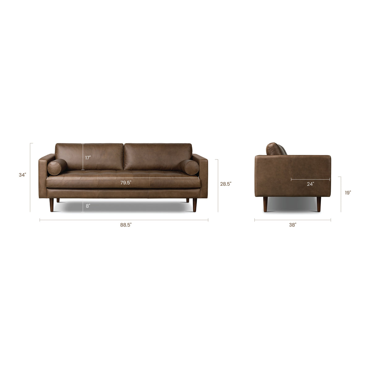 W&F Collection | Napa 88.5” Leather Sofa (Cocoa Brown)