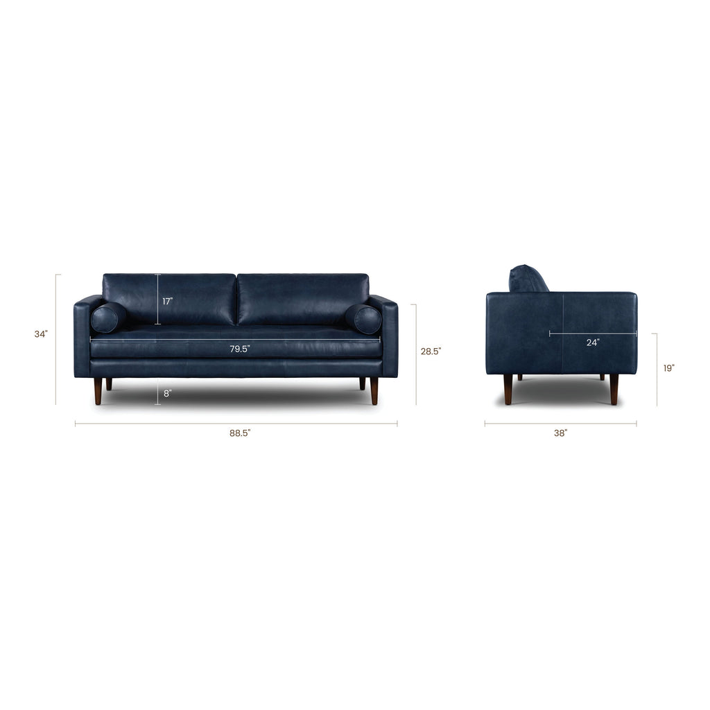 W&F Collection | Napa 88.5” Leather Sofa (Midnight Blue)