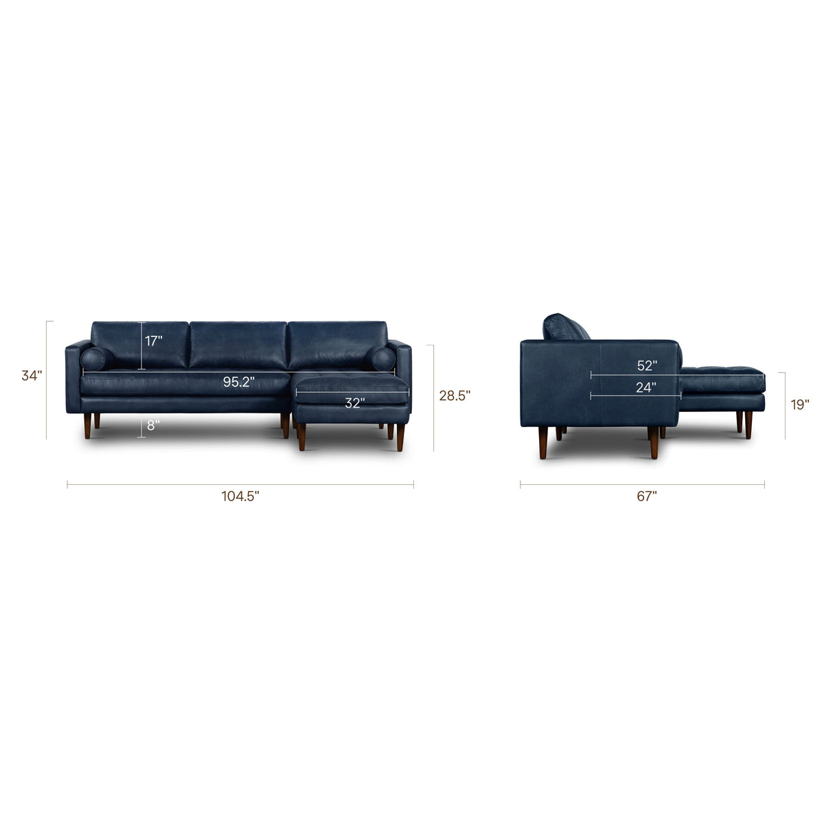 W&F Collection | Napa 104.5" Leather Right-Facing Sectional Sofa (Midnight Blue)