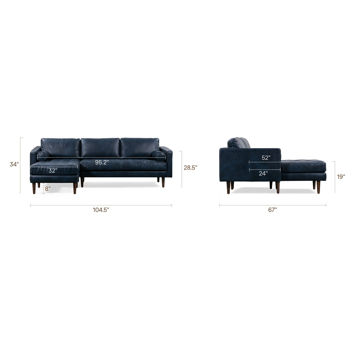 W&F Collection | Napa 104.5" Leather Left-Facing Sectional Sofa (Midnight Blue)
