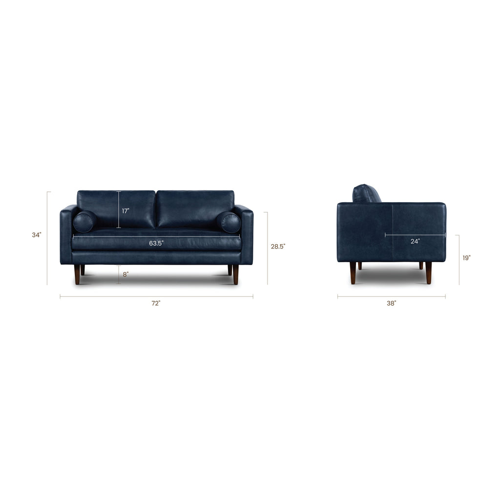 W&F Collection | Napa 72" Leather Apartment Sofa (Midnight Blue)