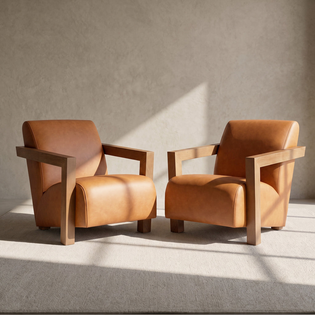 W&F Collection | Giza Leather Lounge Chair 2.0 (Cognac Tan, Set of 2)