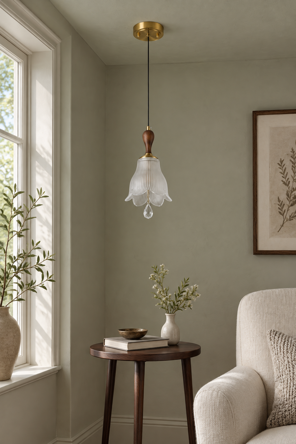 W&F Collection | Bellarune Ribbed Bell Glass and Walnut Pendant Light