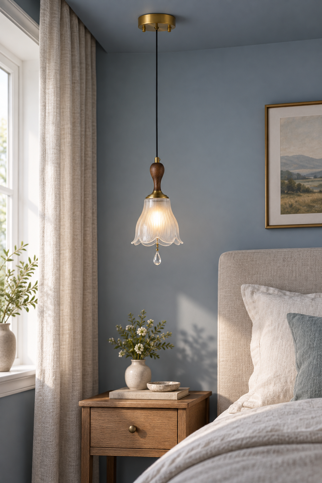 W&F Collection | Bellarune Ribbed Bell Glass and Walnut Pendant Light