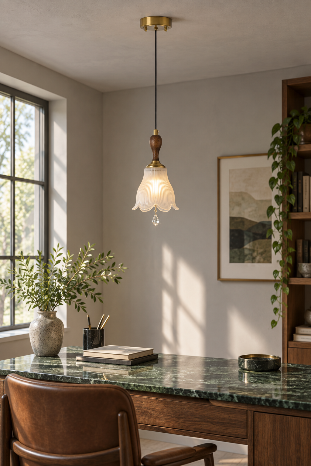 W&F Collection | Bellarune Ribbed Bell Glass and Walnut Pendant Light