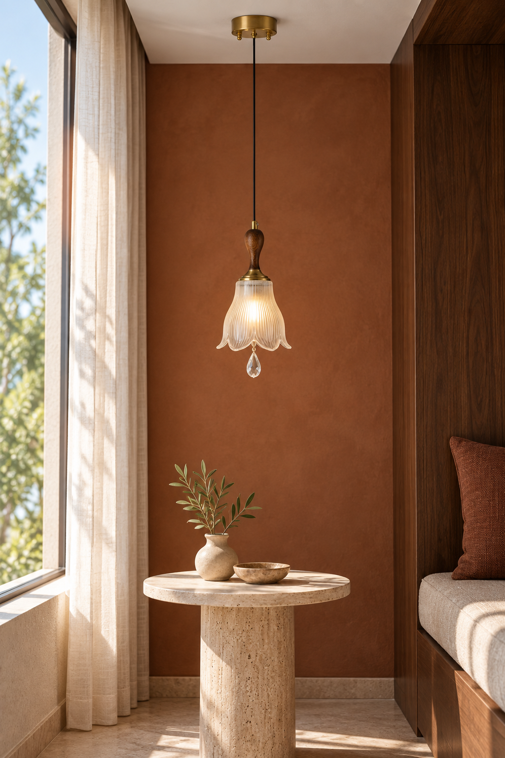 W&F Collection | Bellarune Ribbed Bell Glass and Walnut Pendant Light