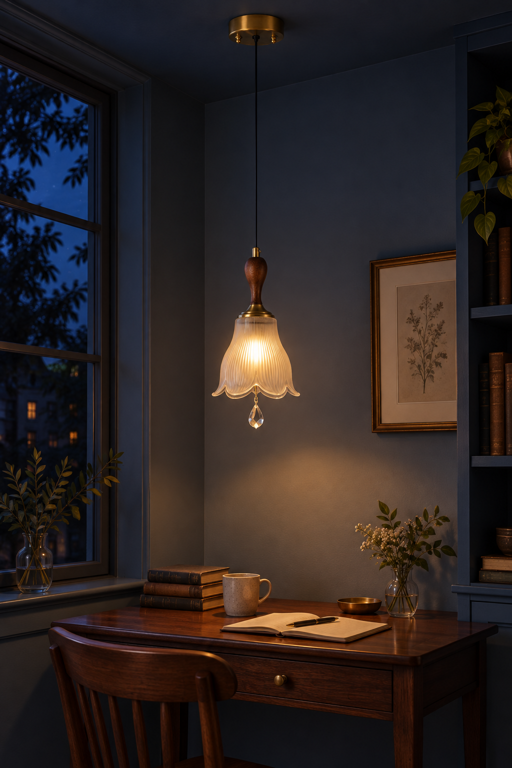 W&F Collection | Bellarune Ribbed Bell Glass and Walnut Pendant Light
