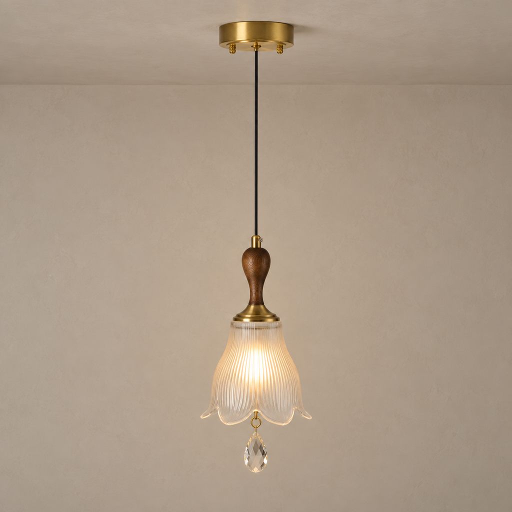 W&F Collection | Bellarune Ribbed Bell Glass and Walnut Pendant Light