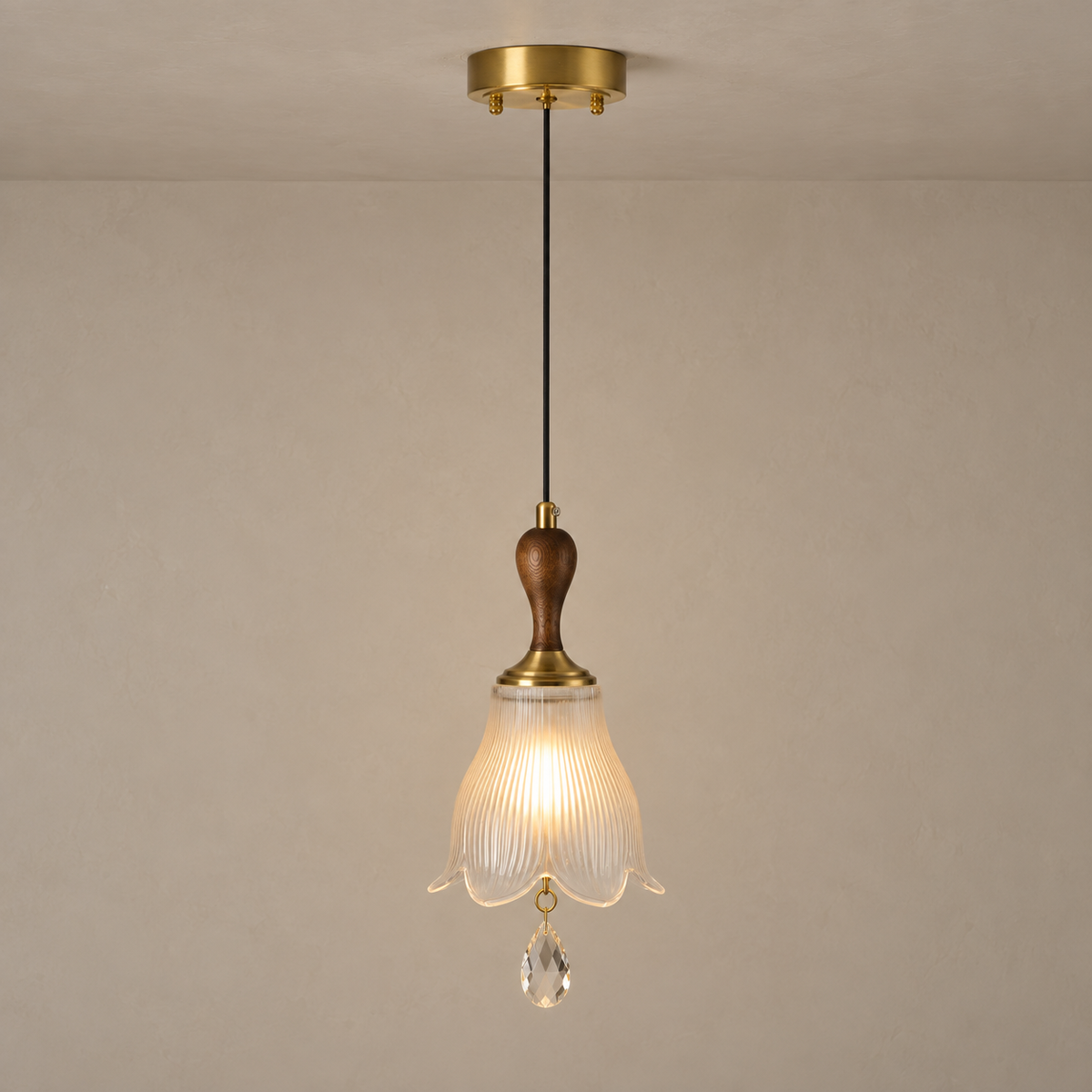 W&F Collection | Bellarune Ribbed Bell Glass and Walnut Pendant Light