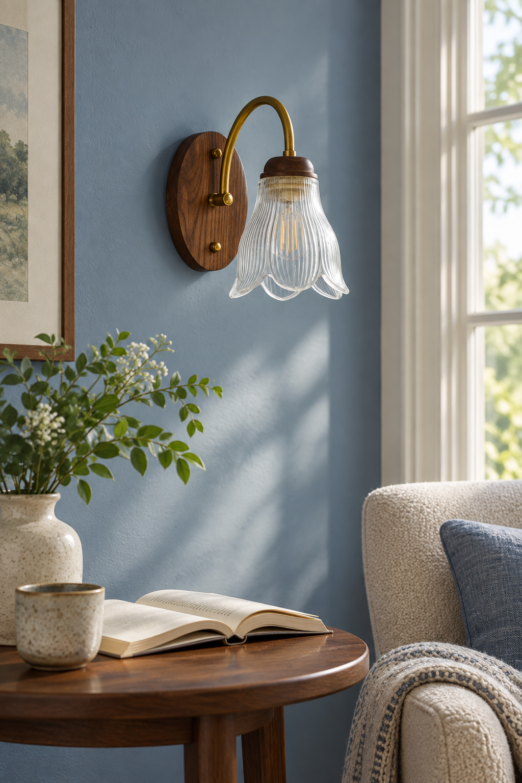 W&F Collection | Bellarune Ribbed Bell Glass and Walnut Wall Sconce