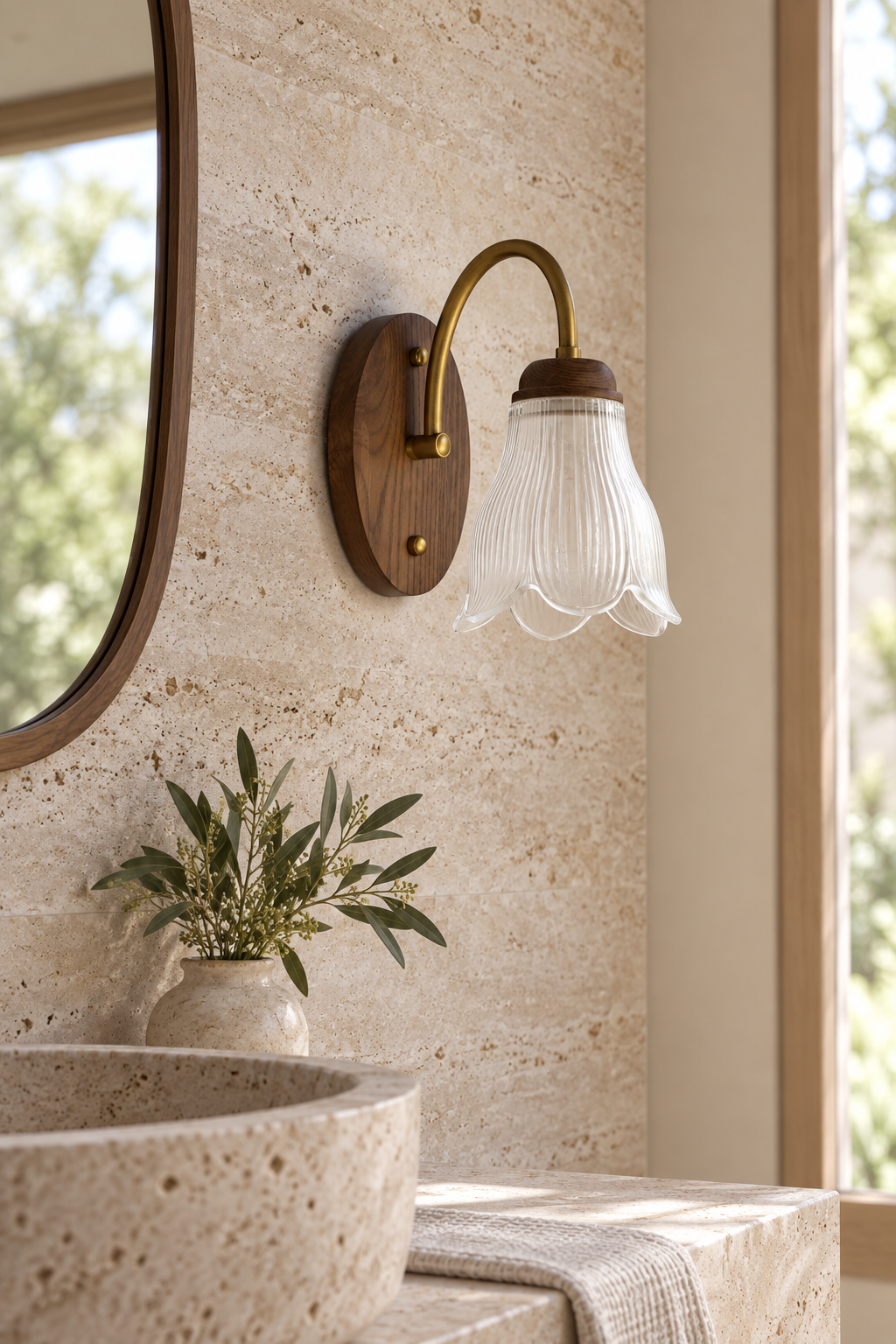 W&F Collection | Bellarune Ribbed Bell Glass and Walnut Wall Sconce