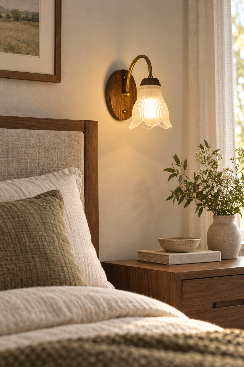 W&F Collection | Bellarune Ribbed Bell Glass and Walnut Wall Sconce