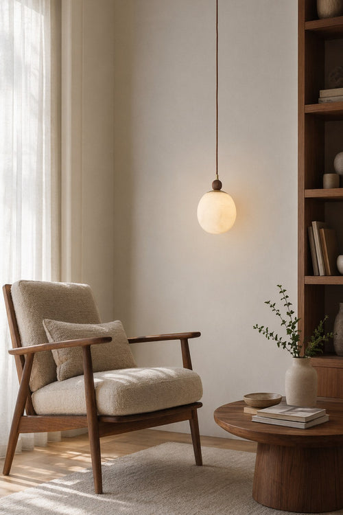 W&F Collection | Alabaster Globe Walnut Pendant Light
