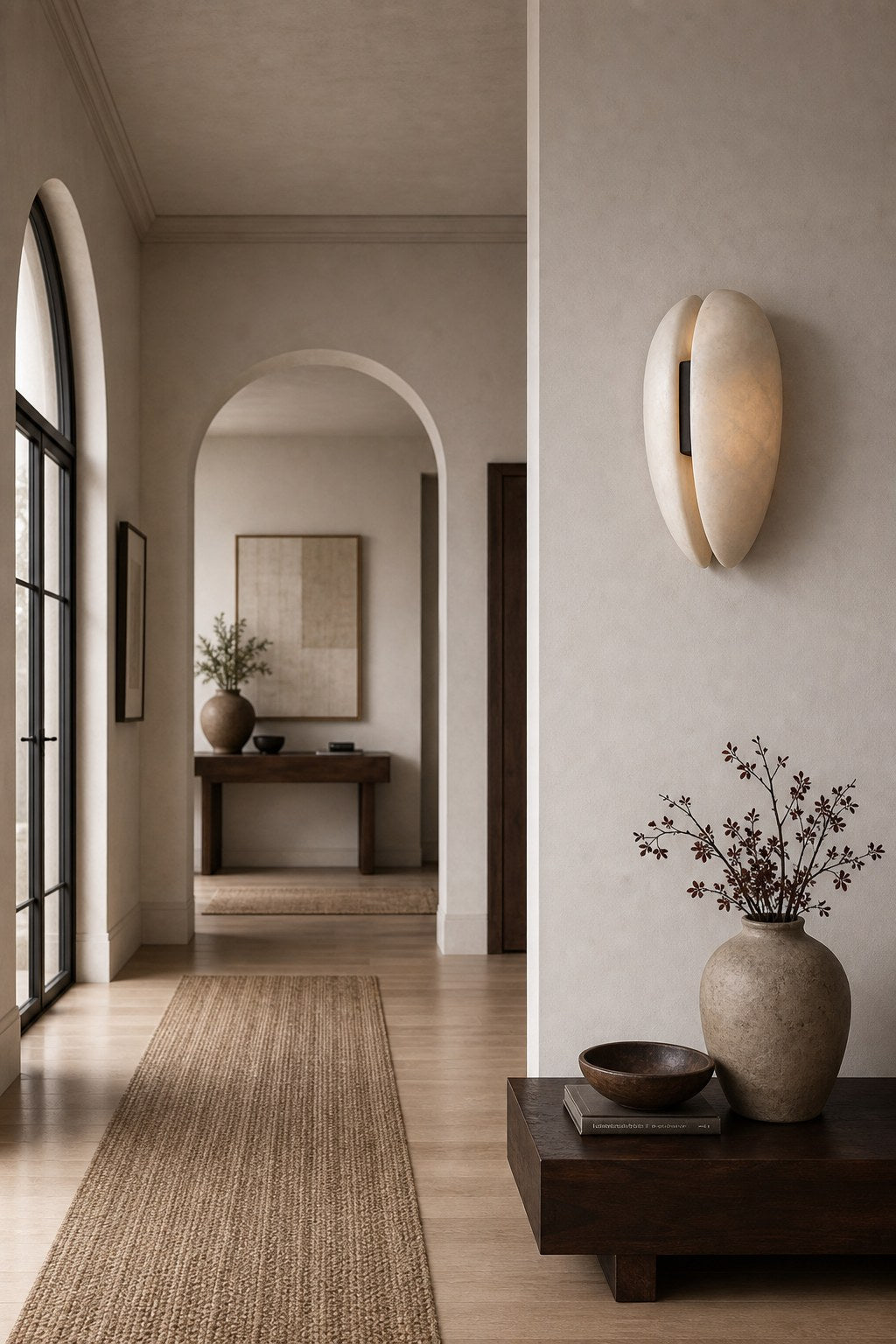 W&F Collection | Alabaster and Black Leather Wall Sconce